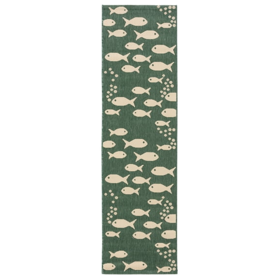 SAFAVIEH Courtyard Trena Fishes Indoor/Outdoor Runner Rug, Dark Green/Ivory, 2'3" x 8'