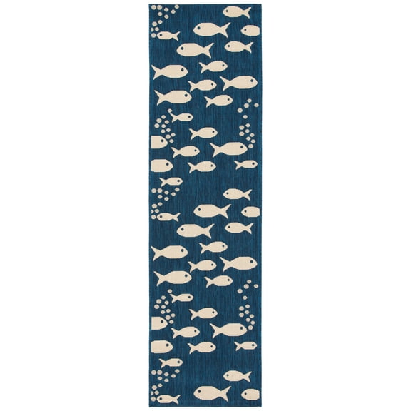SAFAVIEH Courtyard Trena Fishes Indoor/Outdoor Runner Rug, Navy/Beige, 2'3" x 5'