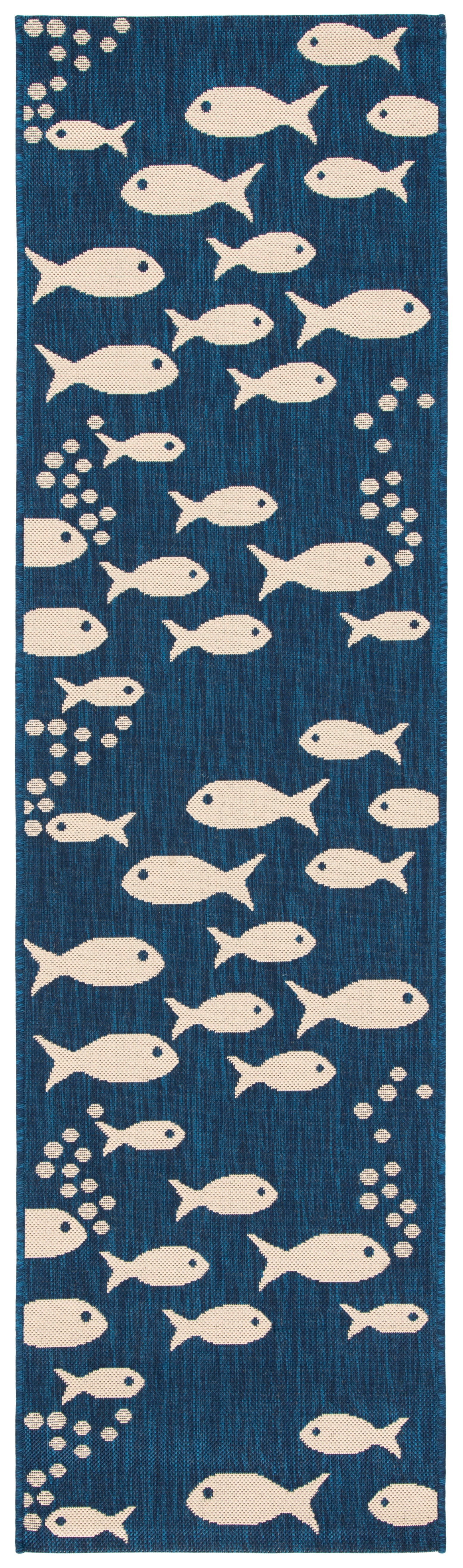 Navy and Beige Synthetic Fish Pattern Runner Rug