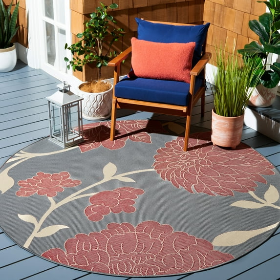 Safavieh Courtyard Tyson Floral Indoor/Outdoor Area Rug, Anthracite/Red, 5'3" x 5'3" Round
