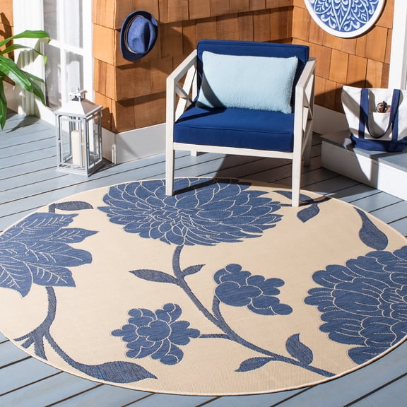 Safavieh Courtyard Tyson Floral Indoor/Outdoor Area Rug, Beige/Blue, 4' x 4' Round
