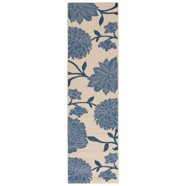 SAFAVIEH Courtyard Tyson Floral Indoor/Outdoor Runner Rug, Beige/Blue, 2'3" x 12'