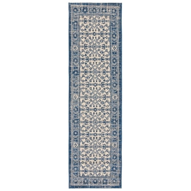 SAFAVIEH Courtyard Vergil Bordered Indoor/Outdoor Runner Rug, Navy/Beige, 2'3" x 8'