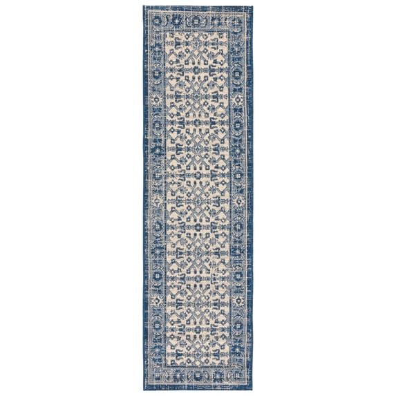 SAFAVIEH Courtyard Vergil Bordered Indoor/Outdoor Runner Rug, Navy/Beige, 2'3" x 8'