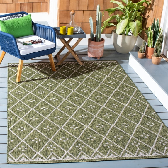 SAFAVIEH Courtyard Wasif Geometric Indoor/Outdoor Area Rug, Green/Grey, 5'3" x 7'7"