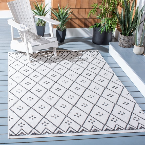 SAFAVIEH Courtyard Wasif Geometric Indoor/Outdoor Area Rug, Ivory/Black, 4' x 5'7"