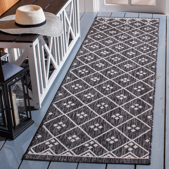 SAFAVIEH Courtyard Wasif Geometric Indoor/Outdoor Runner Rug, Black/Ivory, 2'3" x 8'