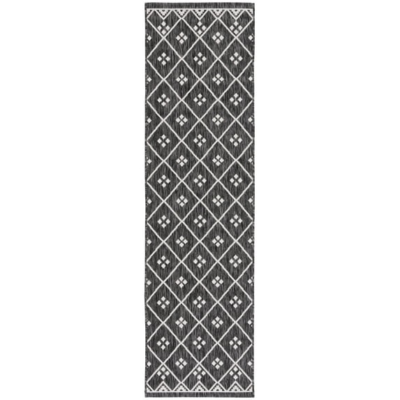 SAFAVIEH Courtyard Wasif Geometric Indoor/Outdoor Runner Rug, Black/Ivory, 2'3" x 8'