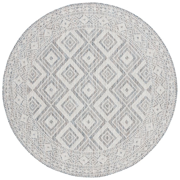 SAFAVIEH Courtyard Wyatt Geometric Indoor/Outdoor Area Rug, Ivory Blue/Beige, 6'7" x 6'7" Round