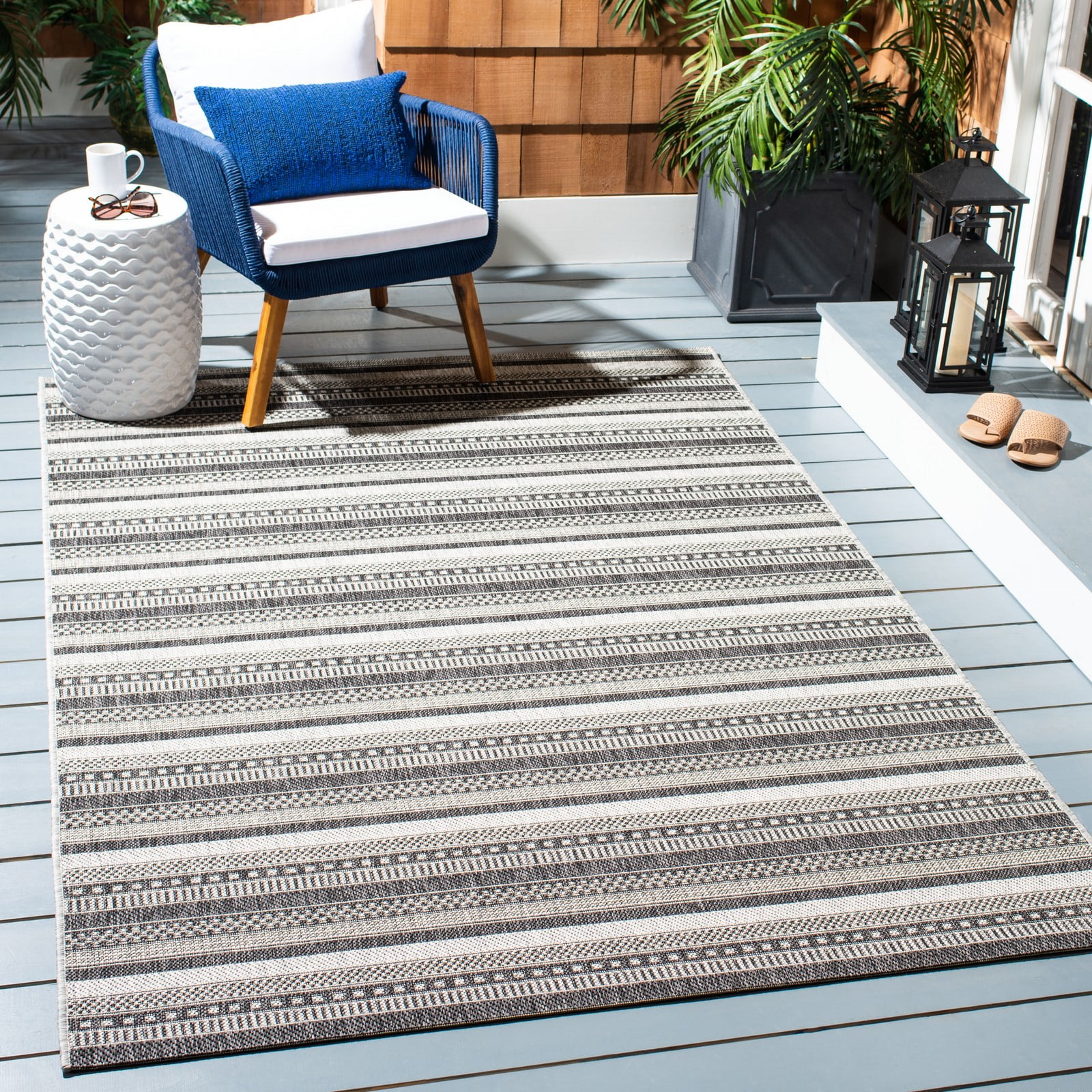Black and Gray Striped 8' x 10' Synthetic Indoor/Outdoor Rug
