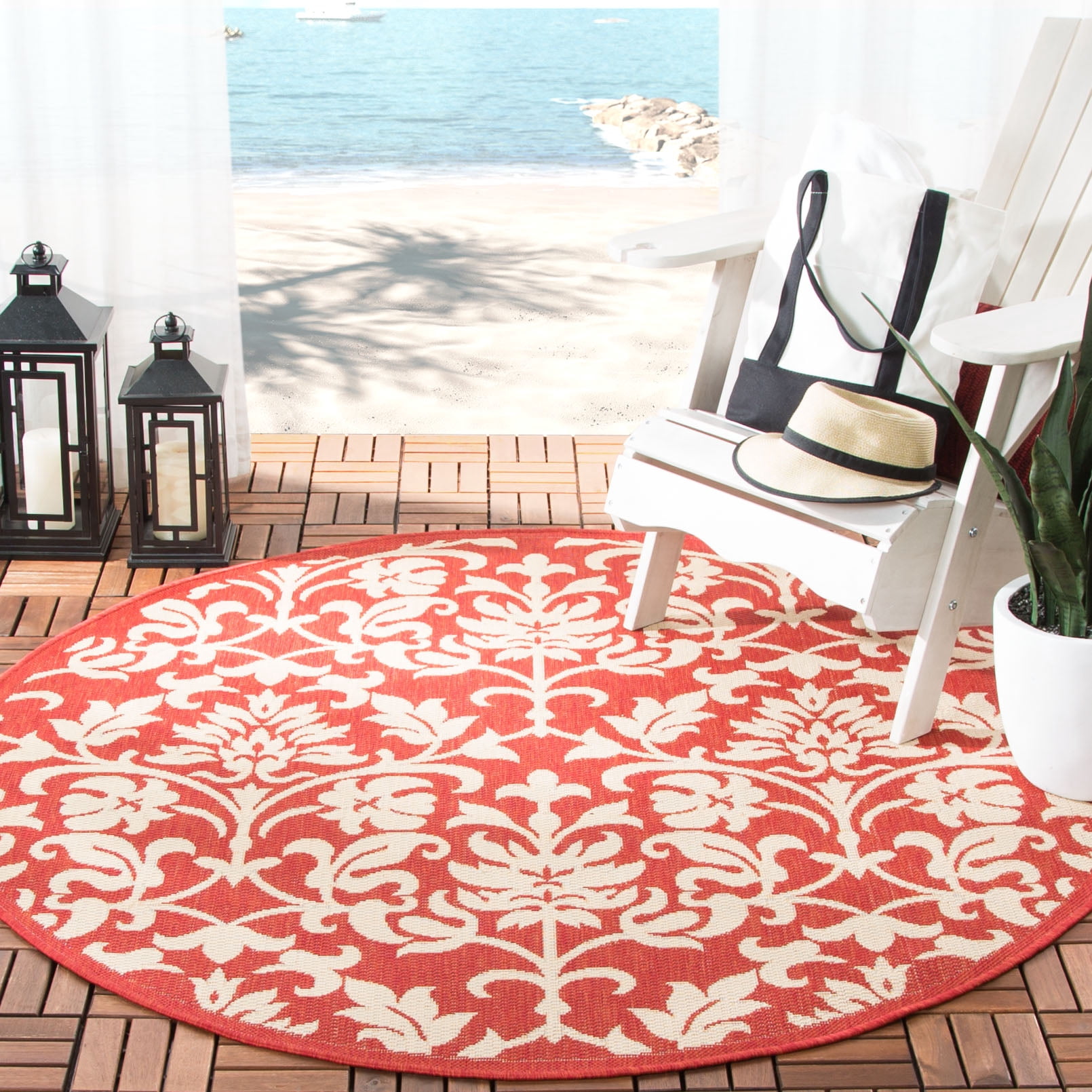 SAFAVIEH Courtyard Yvette Floral Indoor/Outdoor Area Rug, 5'3" x 5'3" Round, Red/Natural