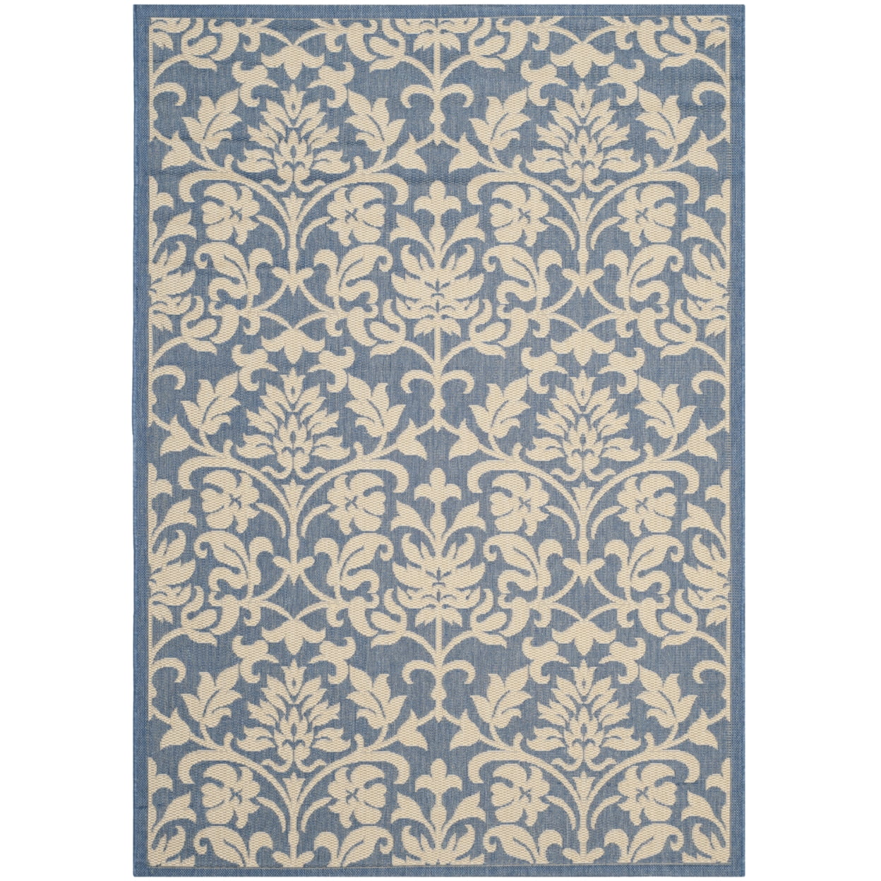 Blue and Natural Floral Motif Rectangular Outdoor Rug