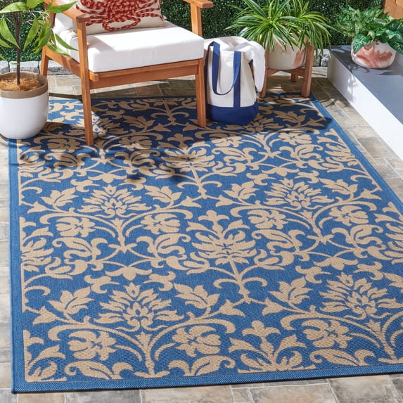 SAFAVIEH Courtyard Yvette Floral Indoor/Outdoor Area Rug, 6'7" x 6'7" Square, Blue/Natural
