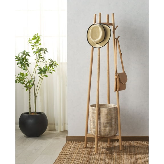 SAFAVIEH Couture Abellina Glam Cylinder Oak Coat & Hat Stand with Basket, Natural