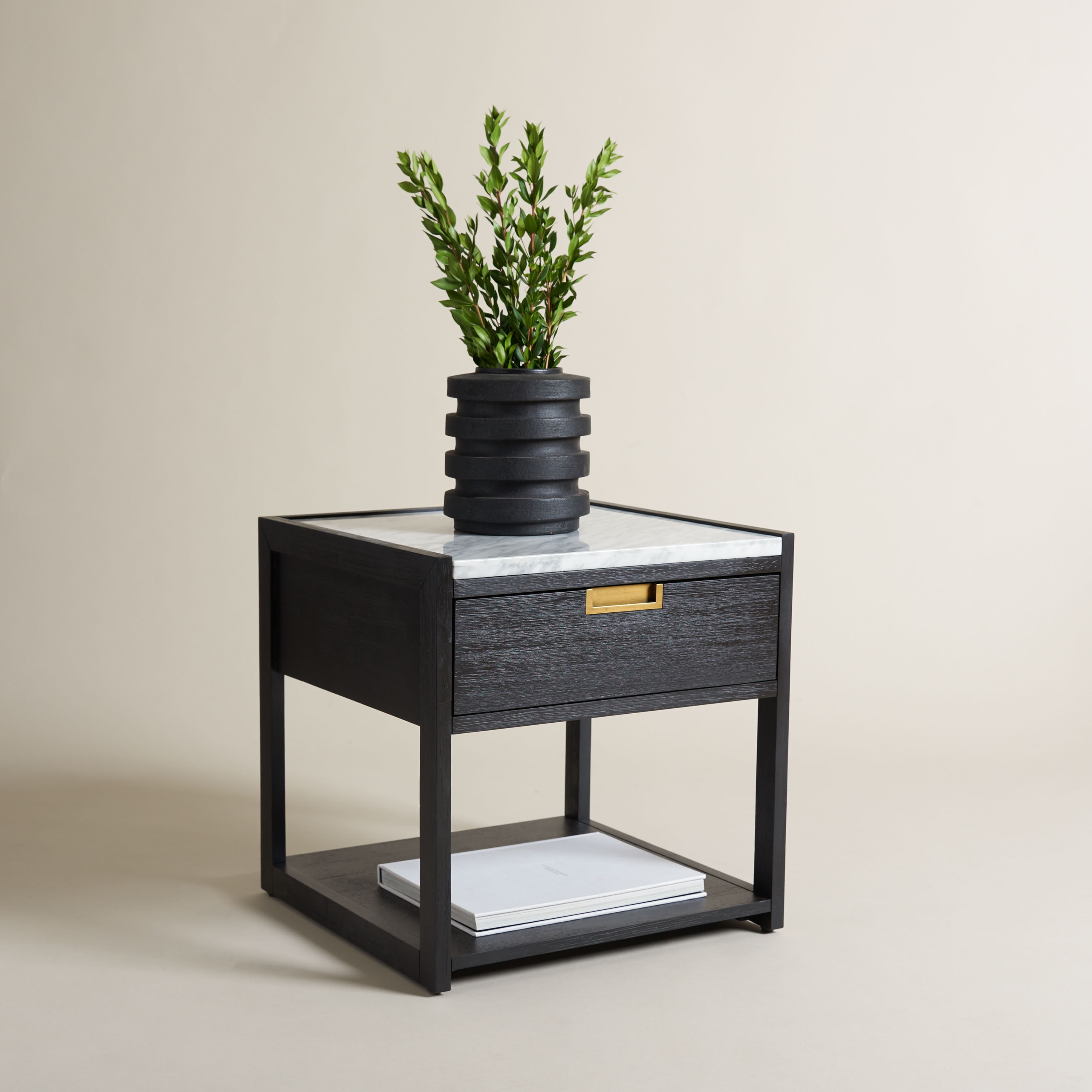 Adeline Black and White Marble Top Nightstand with Antique Brass Handle