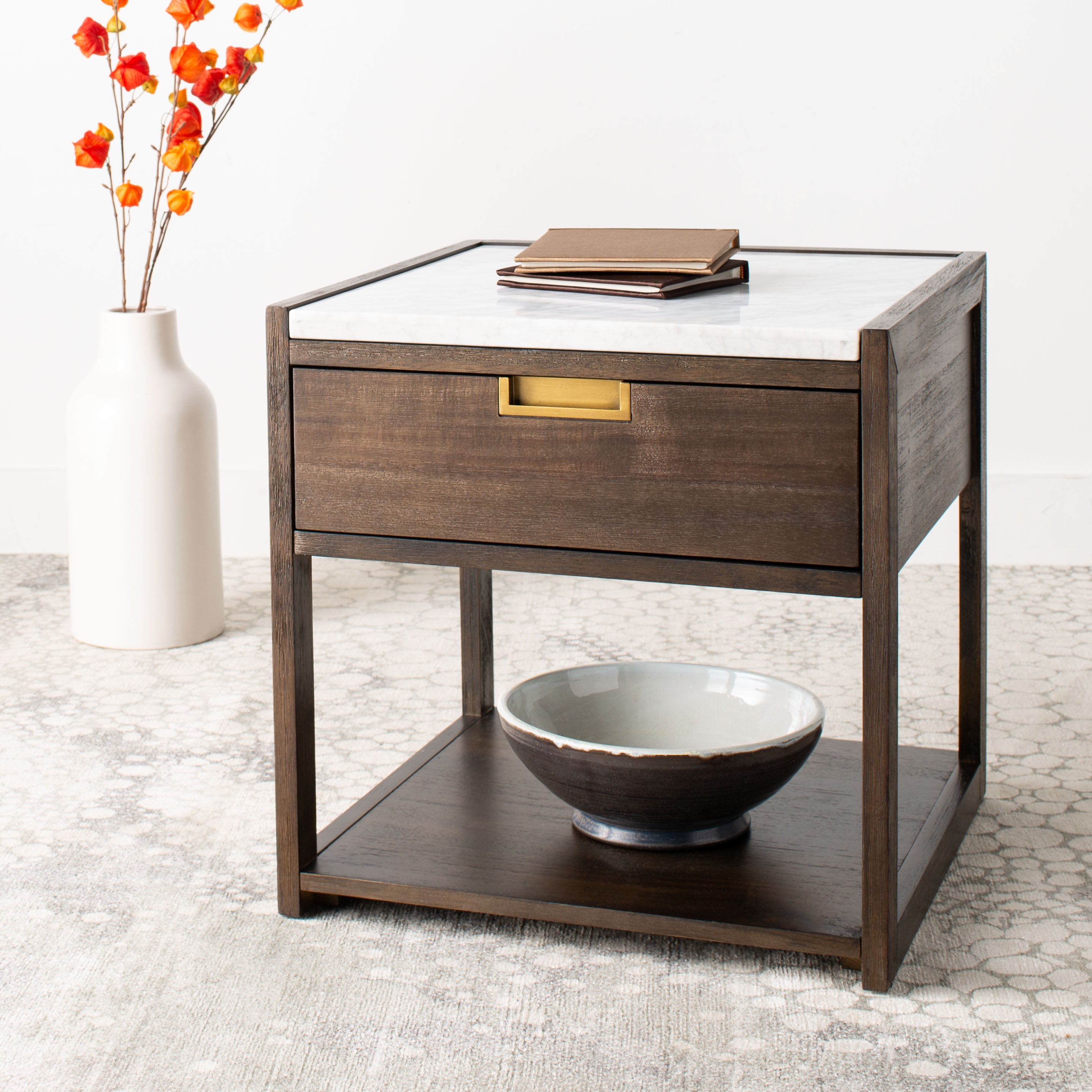 Transitional Dark Chocolate 1-Drawer Nightstand with White Marble Top