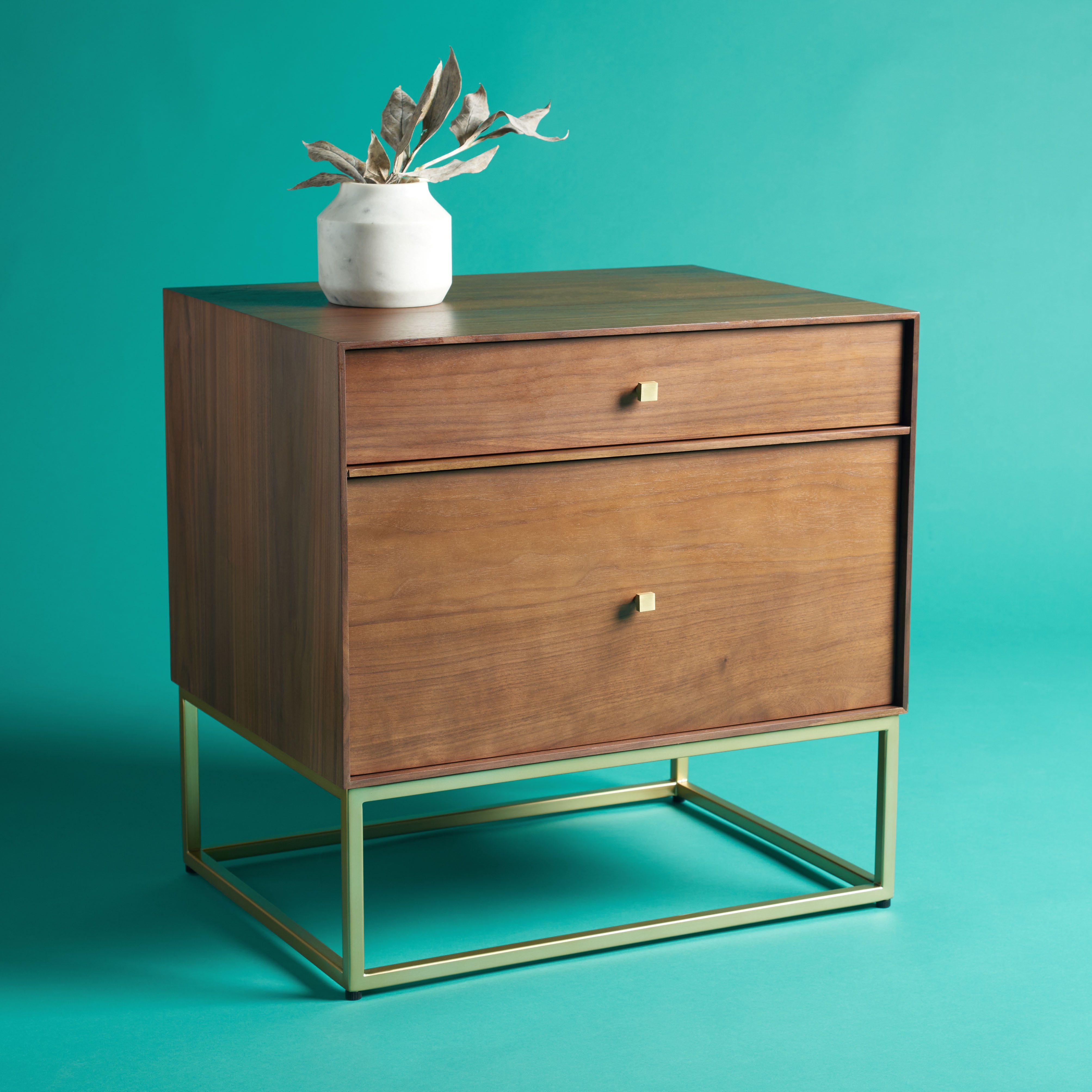 Adelyn Glam Walnut & Gold 2-Drawer Nightstand