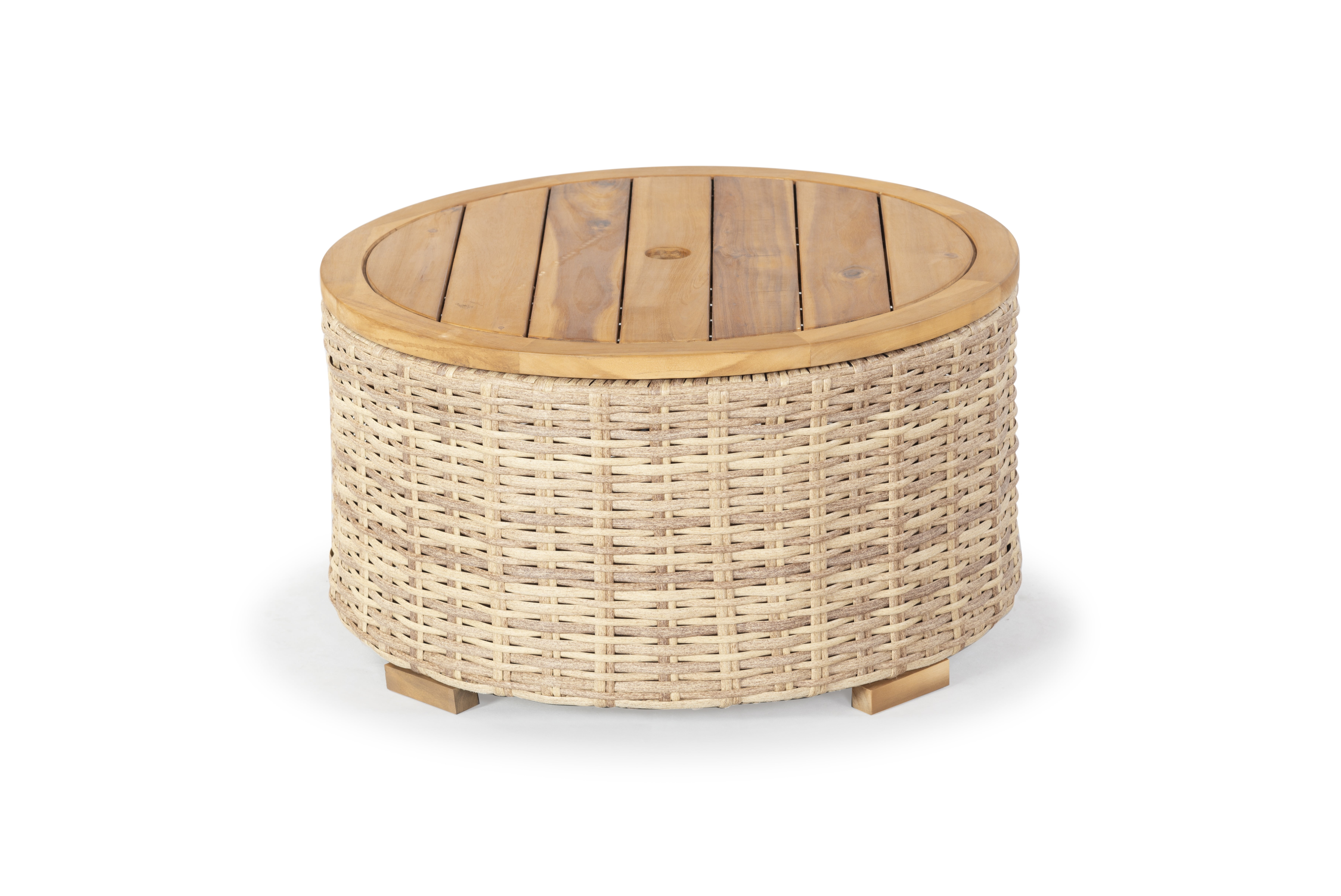 Natural Round Wicker and Acacia Outdoor Coffee Table with Storage