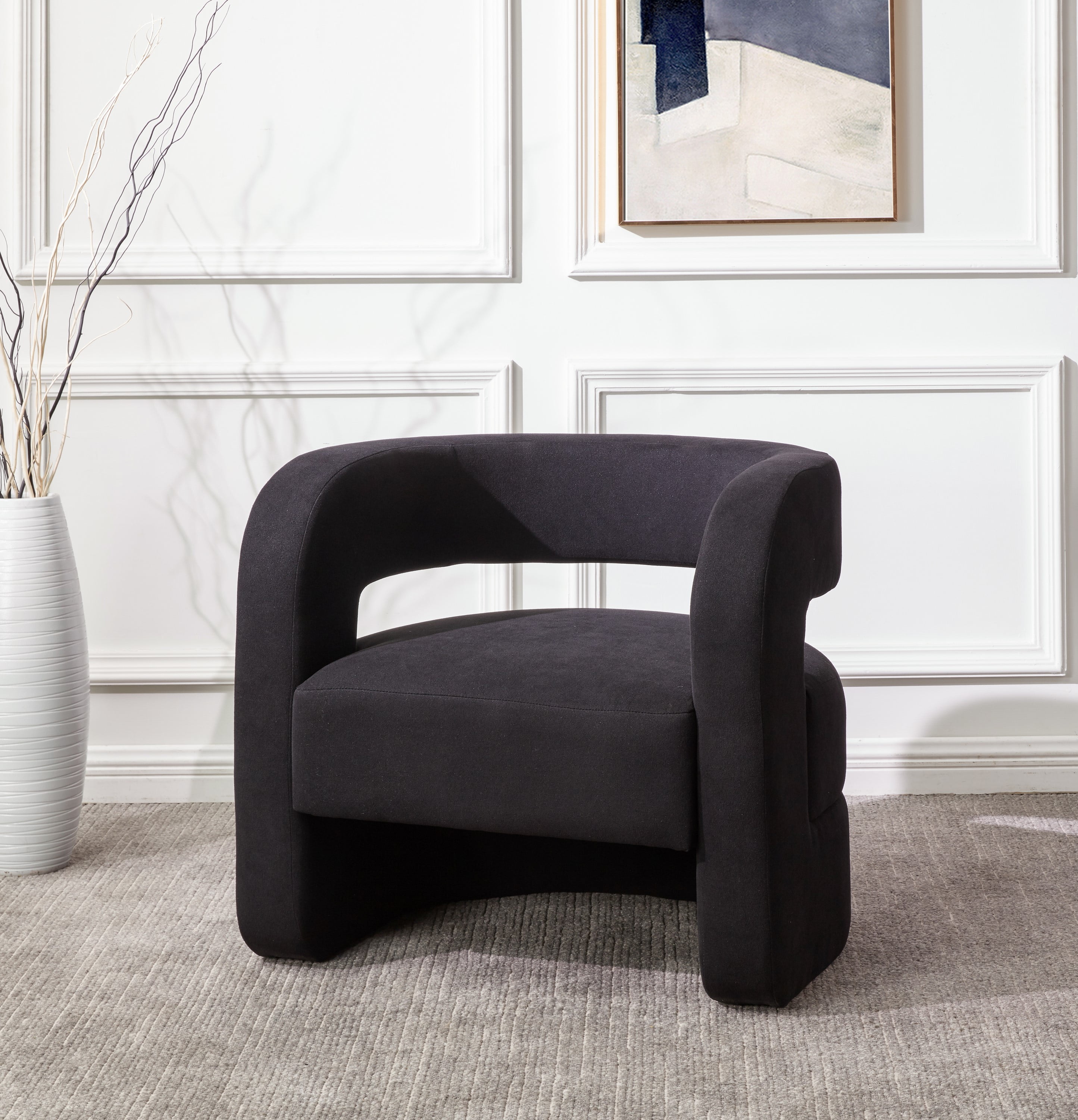 Modern Barrel Black Wood Accent Chair with Cushioned Seat