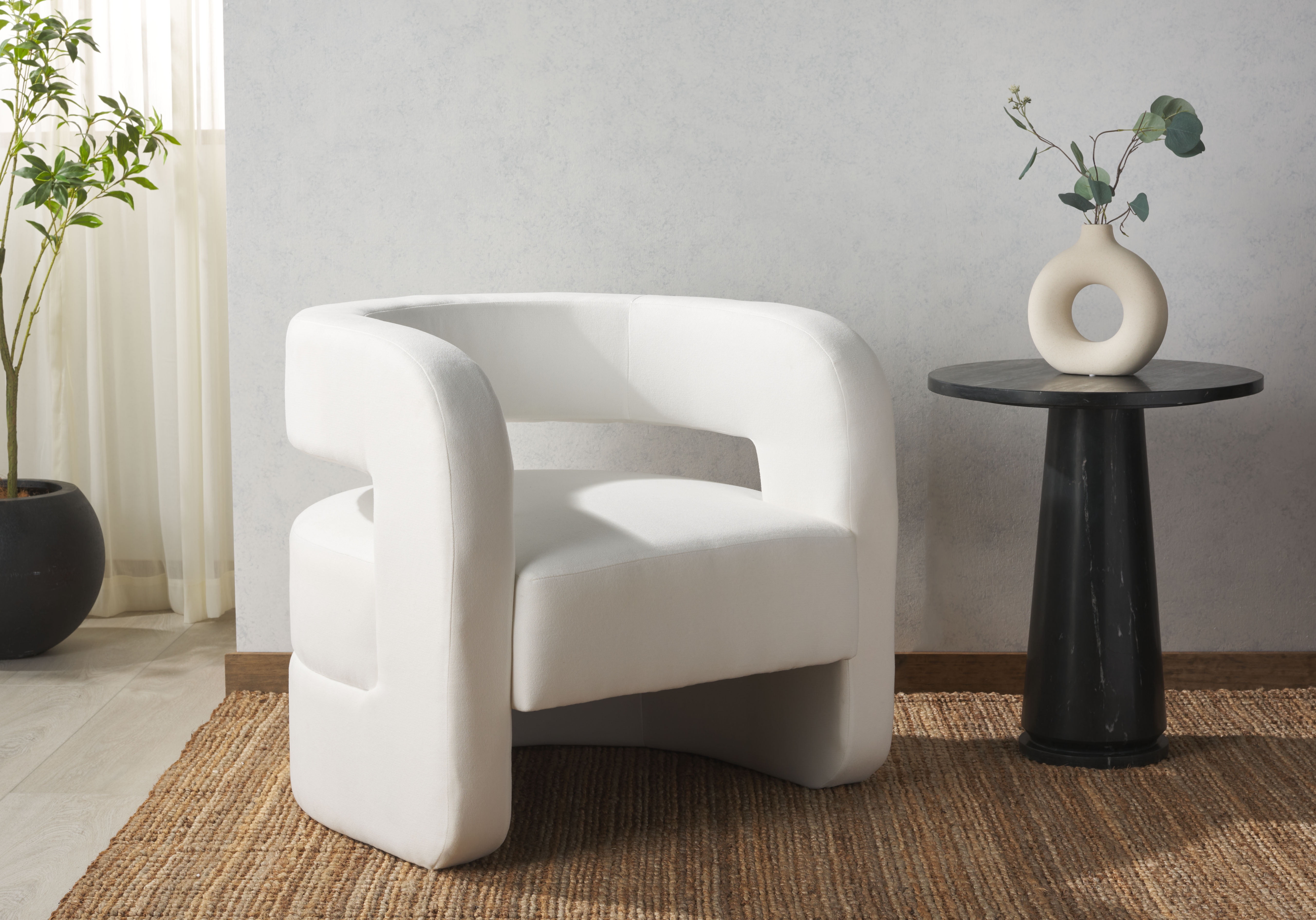 Modern White Linen Barrel Back Accent Chair