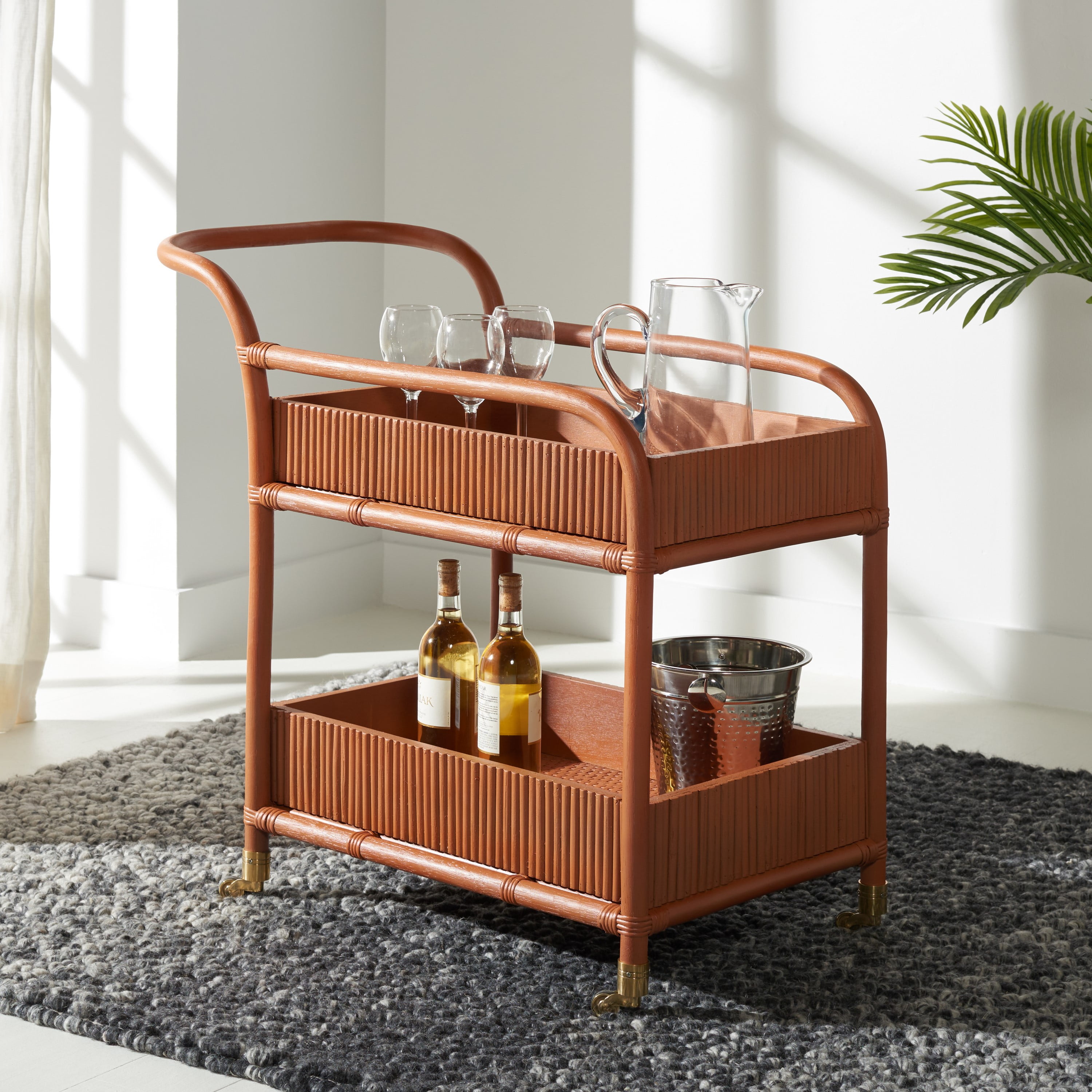 Amber Rattan 2-Tier Bar Cart with Brass Casters