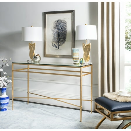 SAFAVIEH Couture Baumgarten Antique Metal Console Table, Gold/Glass