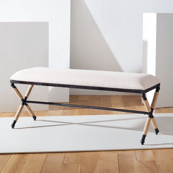 SAFAVIEH Couture Carmelo Solid Linen Contemporary Bench, Beige/Black