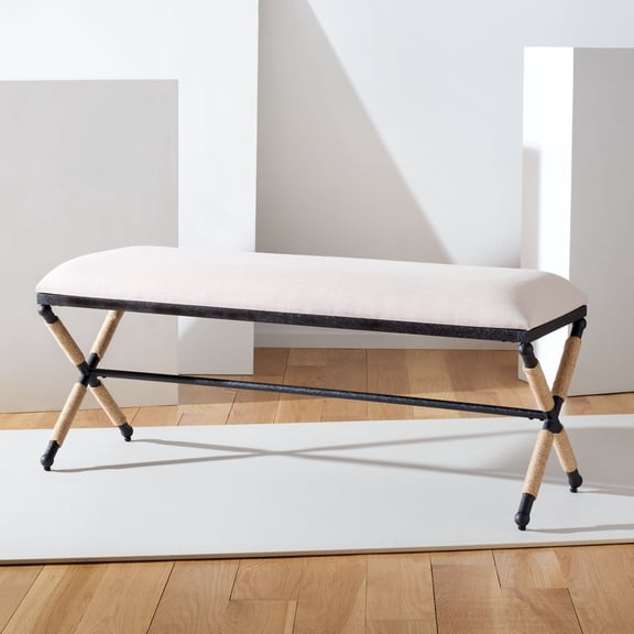 SAFAVIEH Couture Carmelo Solid Linen Contemporary Bench, Beige/Black