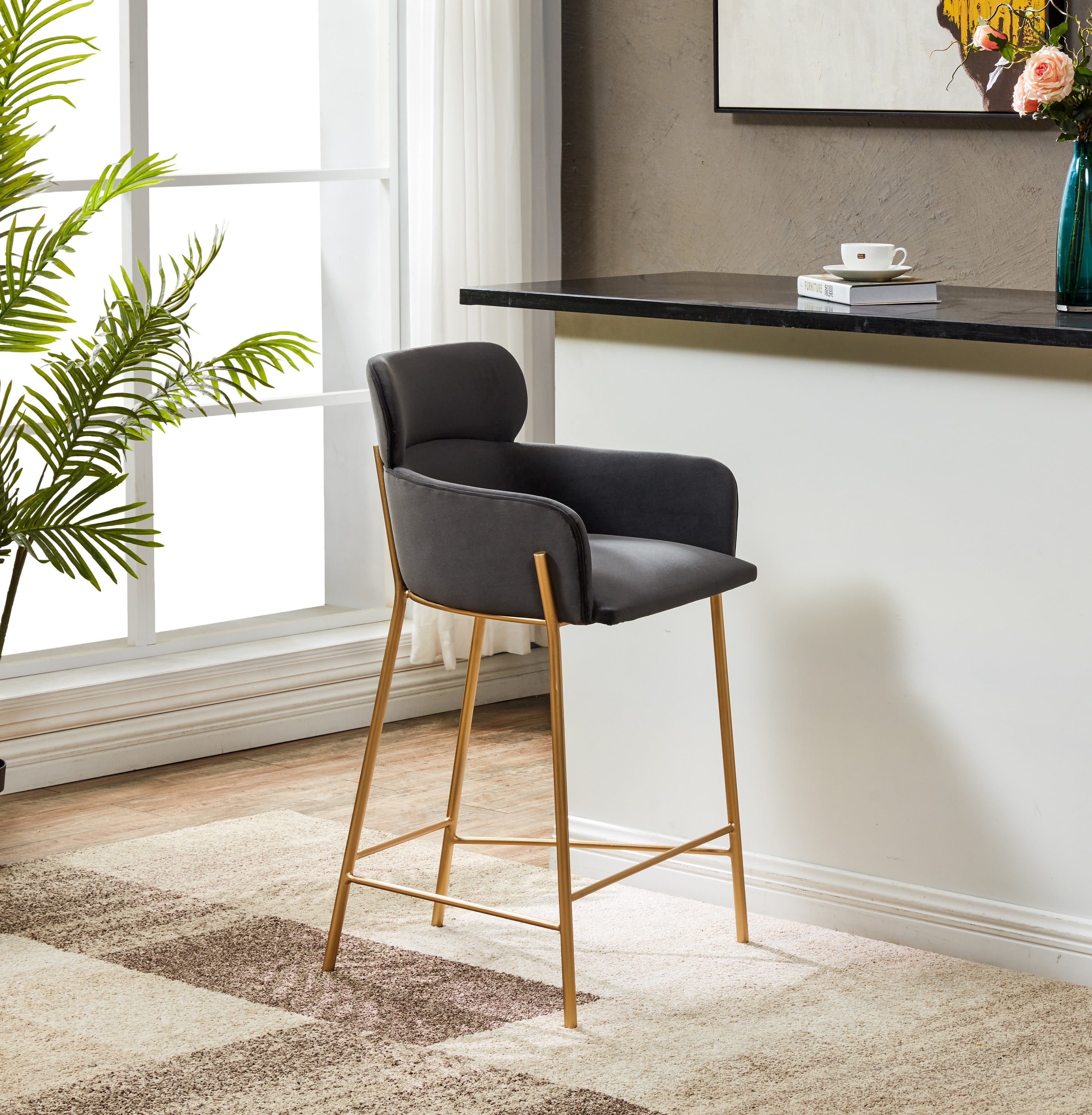 Charlize Dark Grey Velvet and Gold Counter Stool