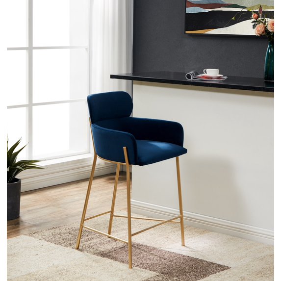 SAFAVIEH Couture Charlize Curved Mid Back Bar Stool, Navy/Gold