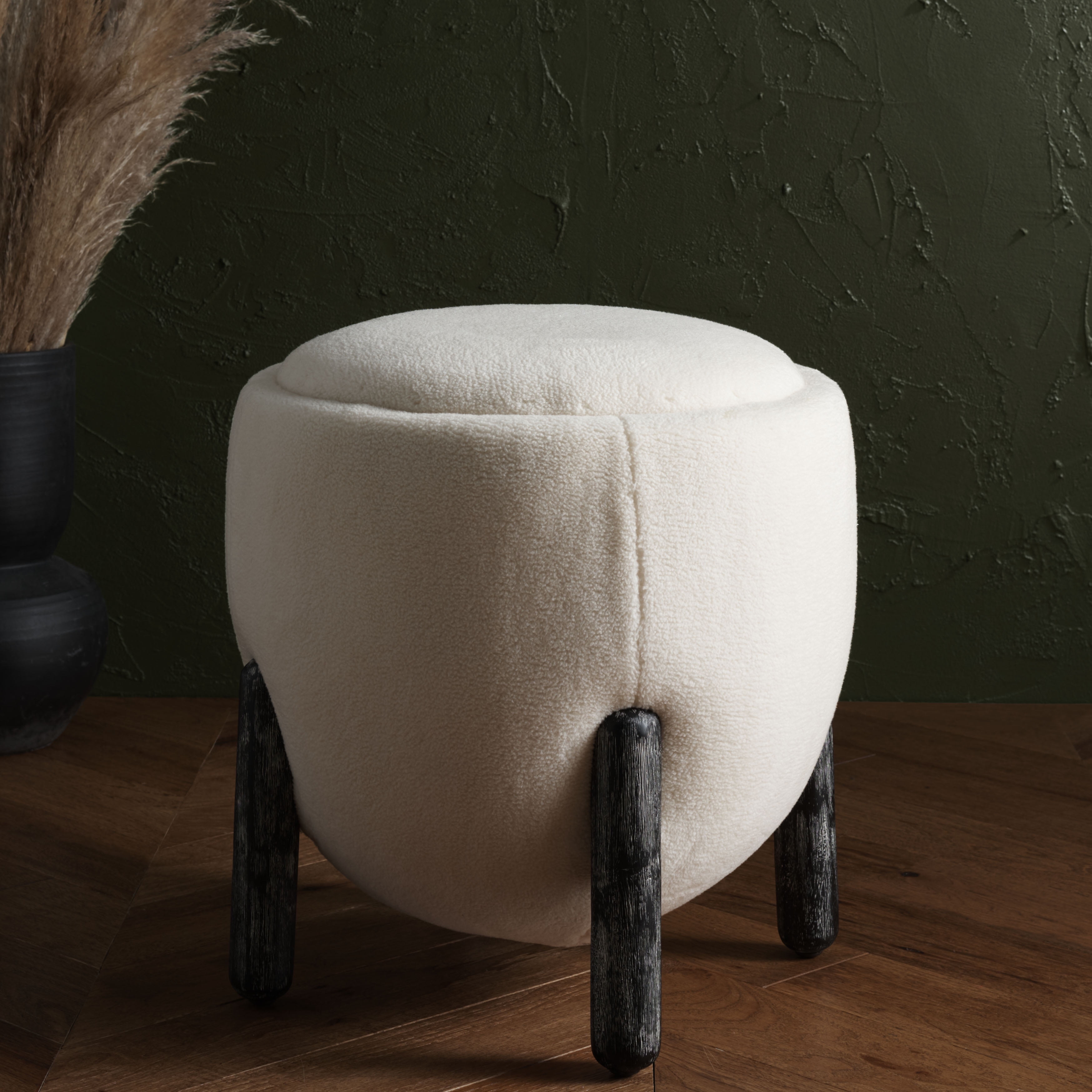 Cream Faux Lamb Wool Ottoman with Black Oak Legs