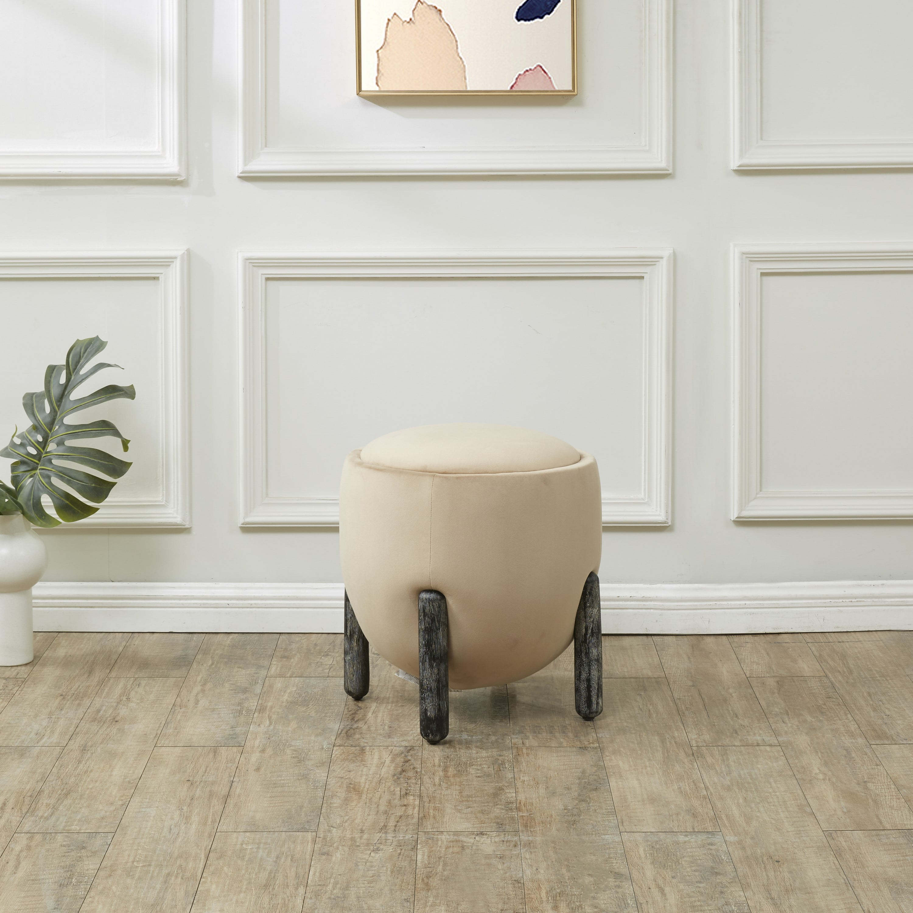 Clarabella Light Brown Velvet Round Ottoman with Black Oak Legs