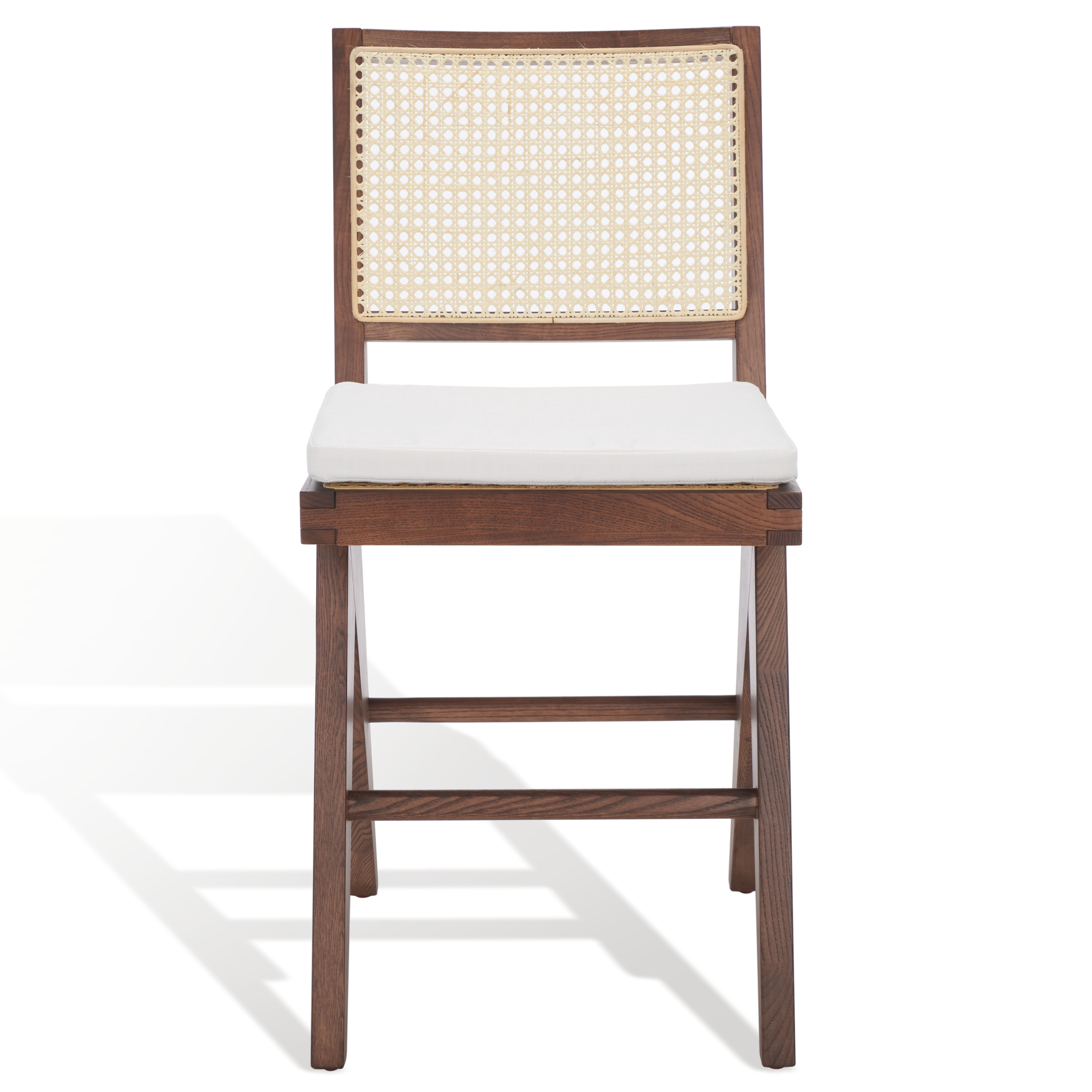 Walnut and Natural Rattan Counter Stool with White Cushion