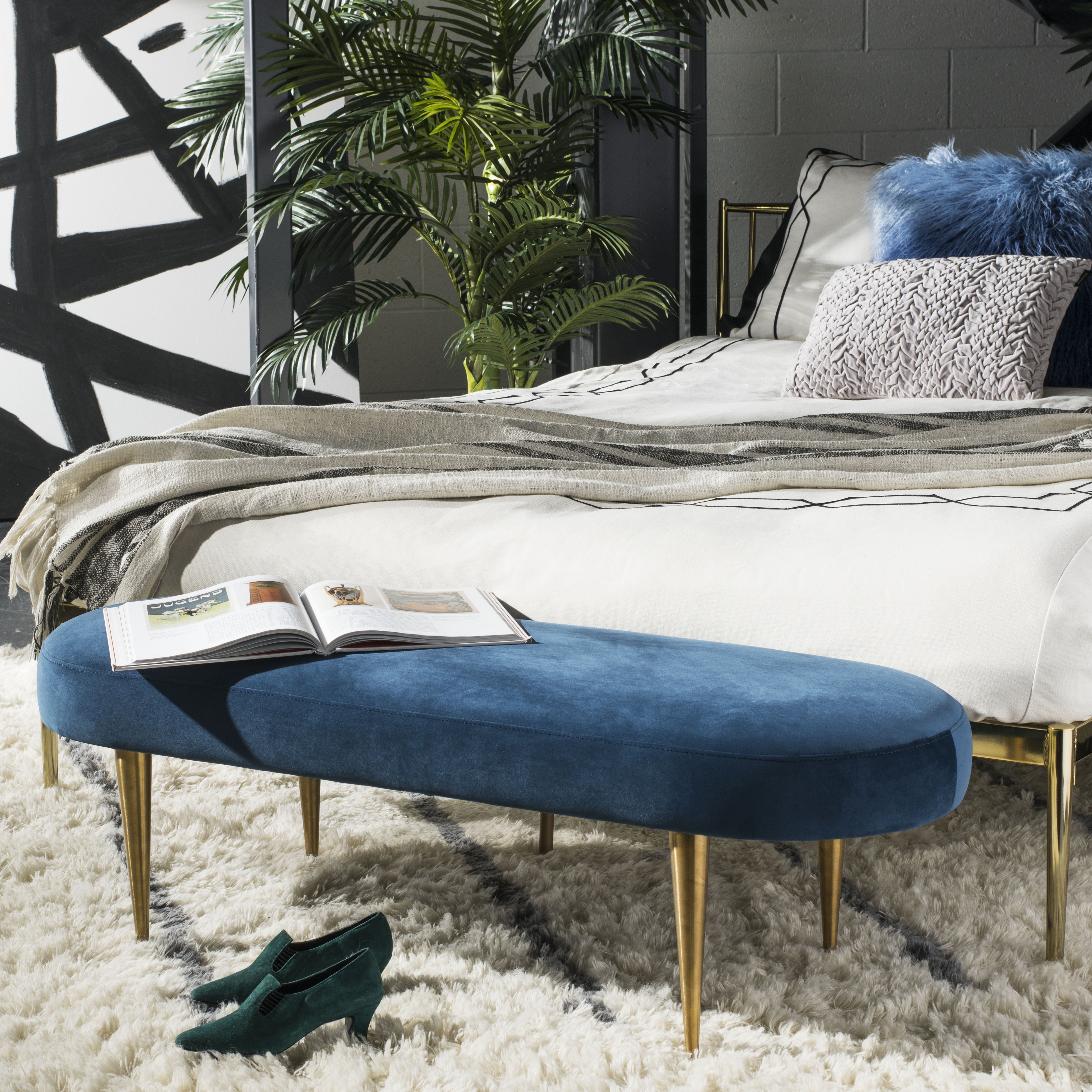 Elegant Black Velvet 48" Transitional Oval Bench with Gold Legs
