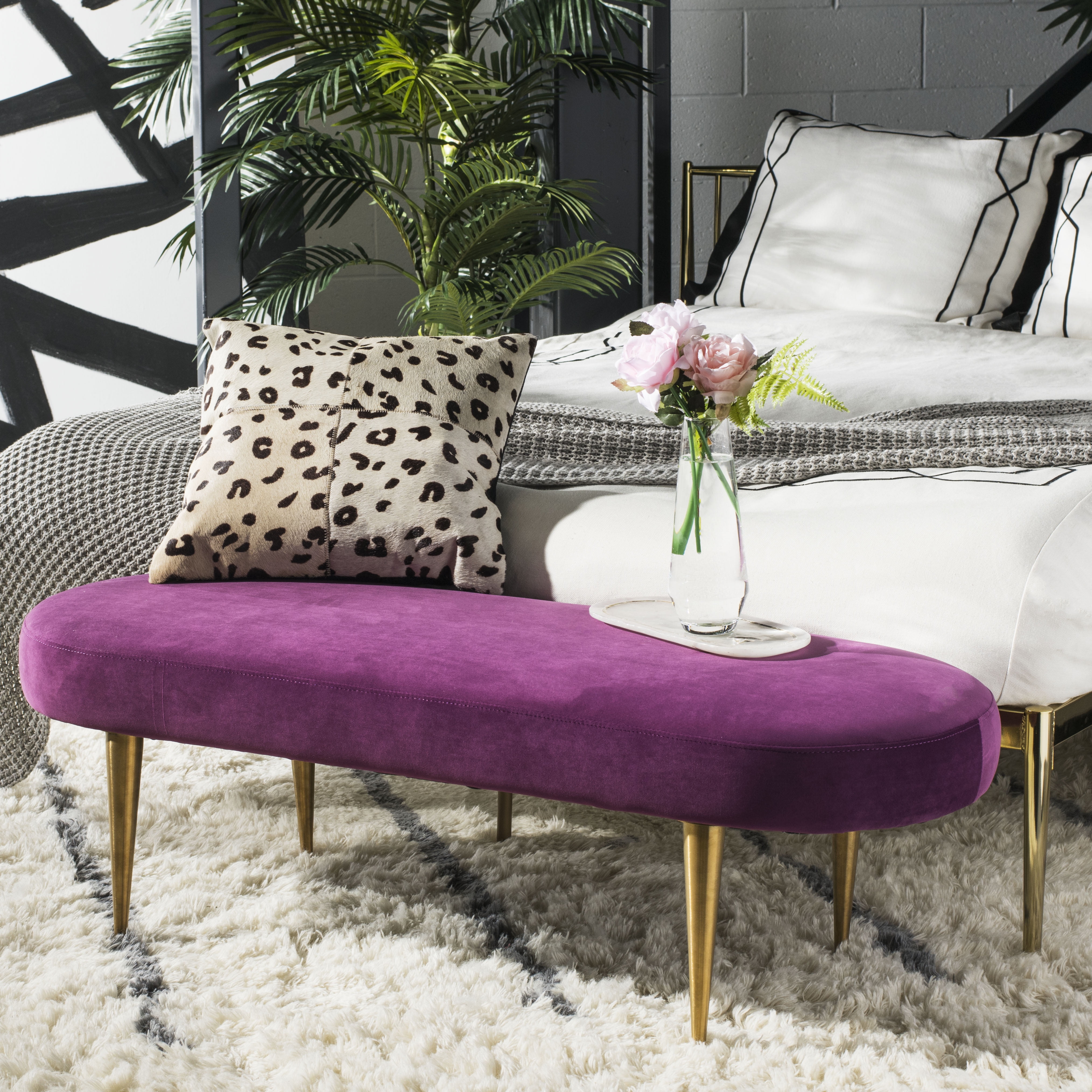 Transitional Plum Velvet Oval Bench with Retro Gold Legs