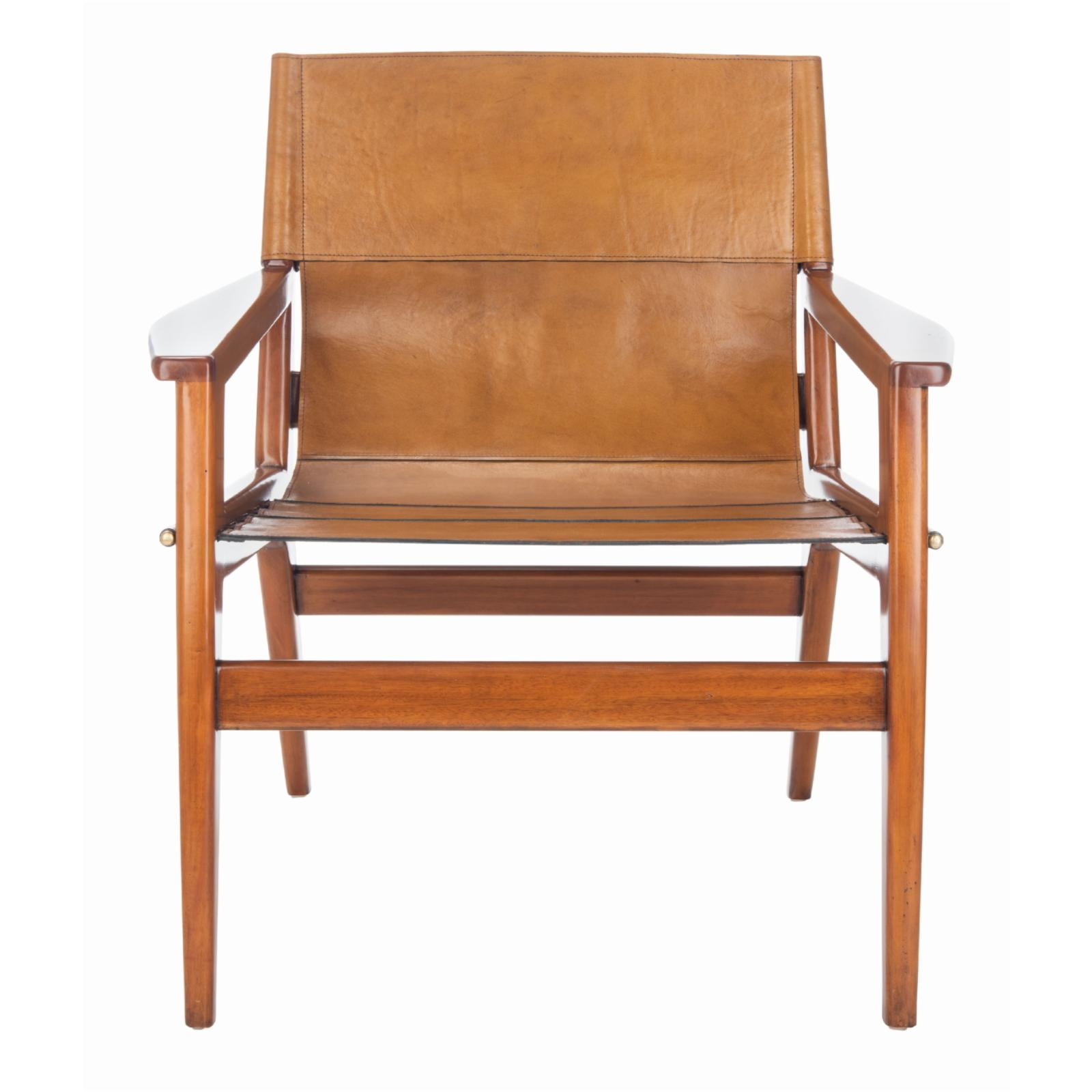 Culkin Modern Brown Leather Sling Armchair with Mahogany Frame