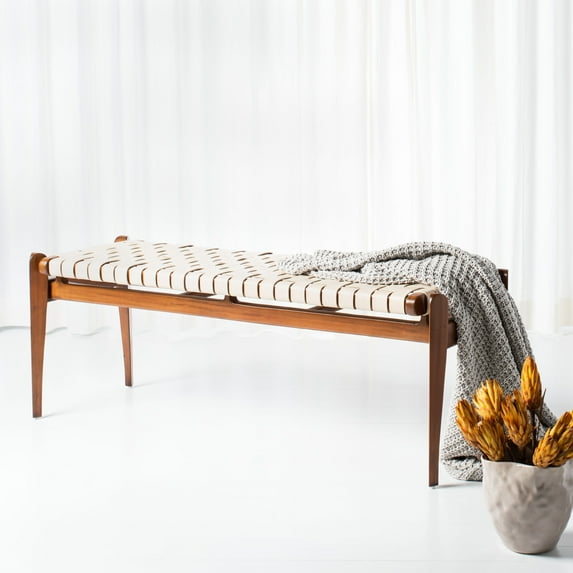 SAFAVIEH Couture Dilan Solid Leather Contemporary Bench, White/Light Brown