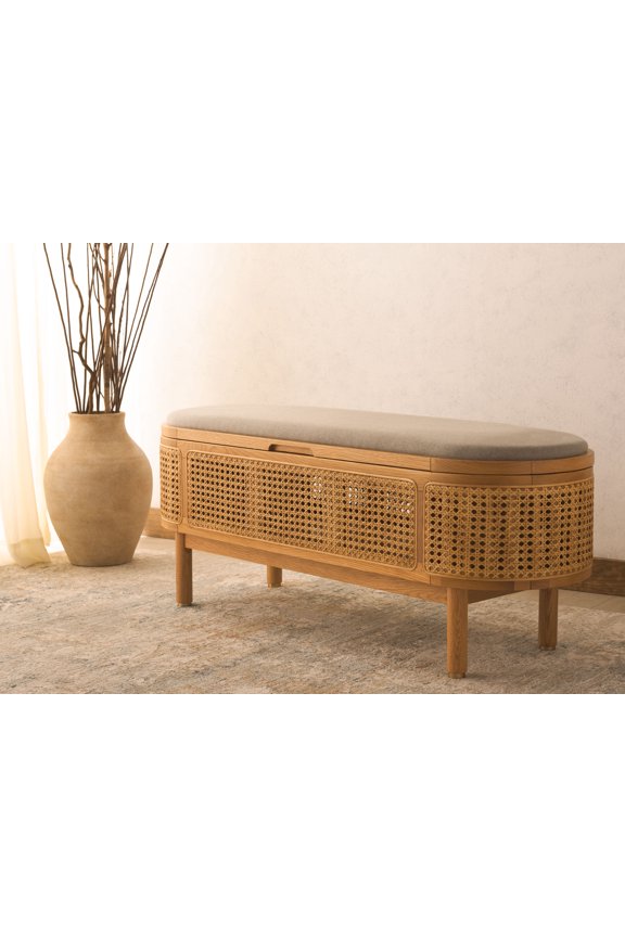 Couture Dolly Solid Linen Modern Bench with Storage, Natural/Grey