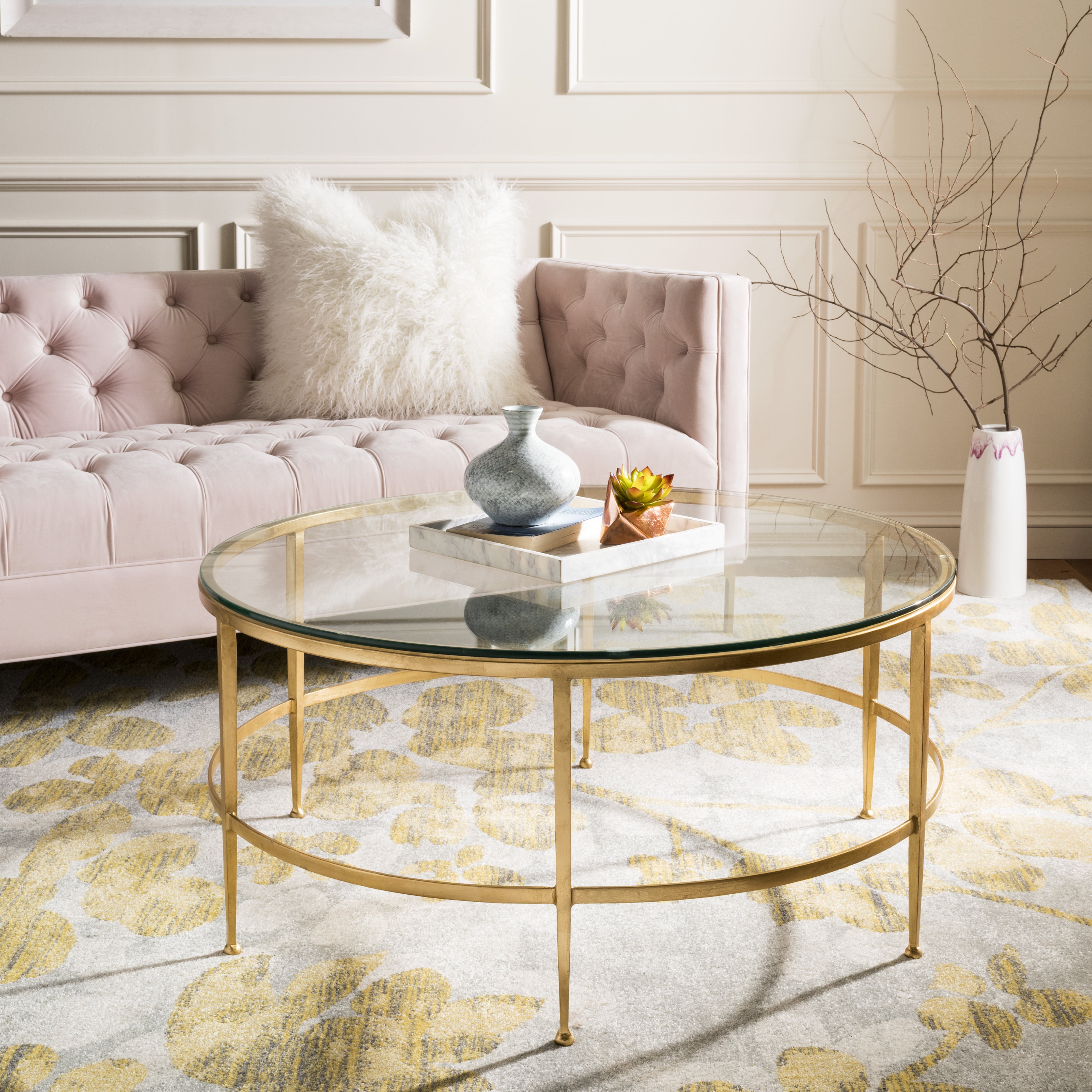 Edmund Round Gold Metal and Glass Cocktail Table