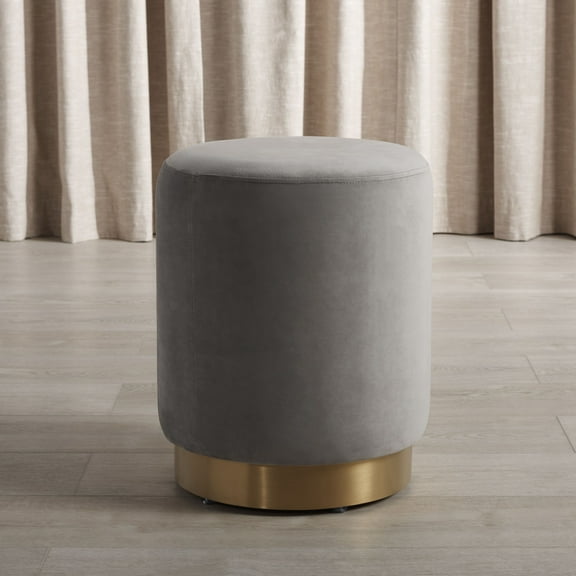 SAFAVIEH Couture Elsworth Glam Velvet Ottoman with Brass Base, Light Grey/Brass