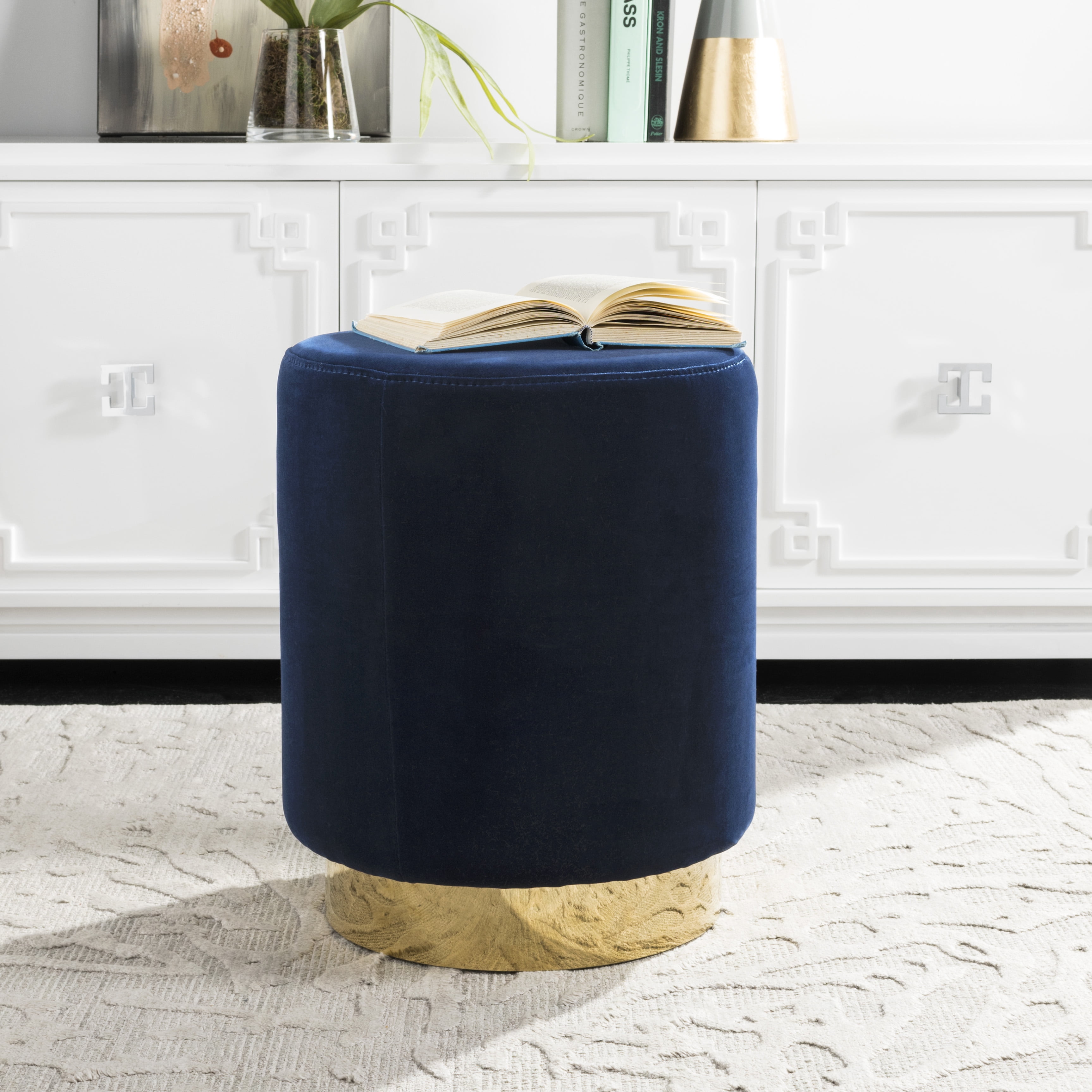 Elsworth Navy Velvet Ottoman with Brass Base