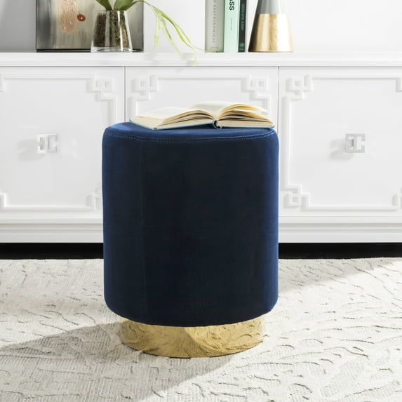 SAFAVIEH Couture Elsworth Modern Glam Velvet Ottoman with Brass Base, Navy