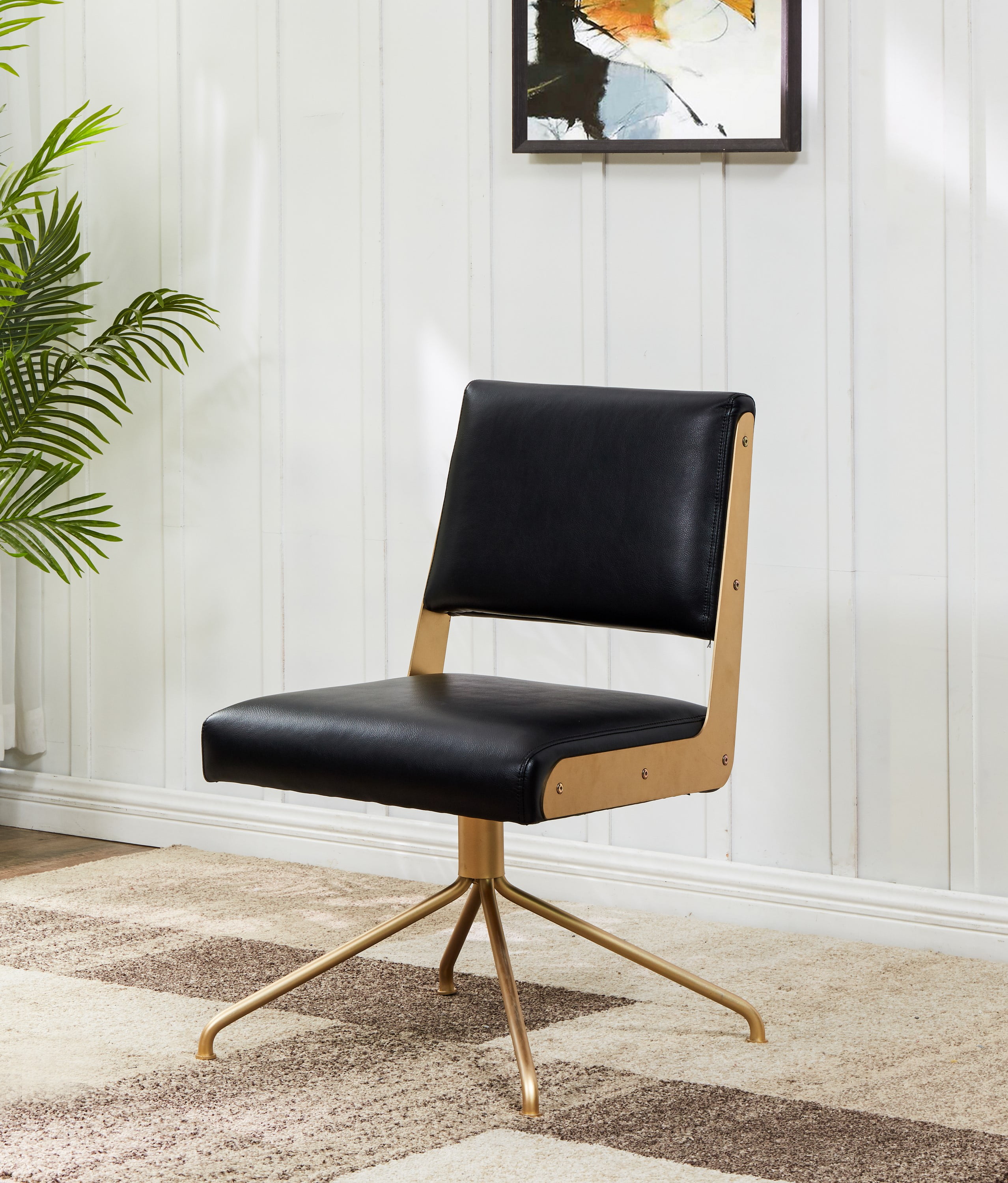 SAFAVIEH Couture Emmeline Leather Mid Back Swivel Office Chair, Black/Gold
