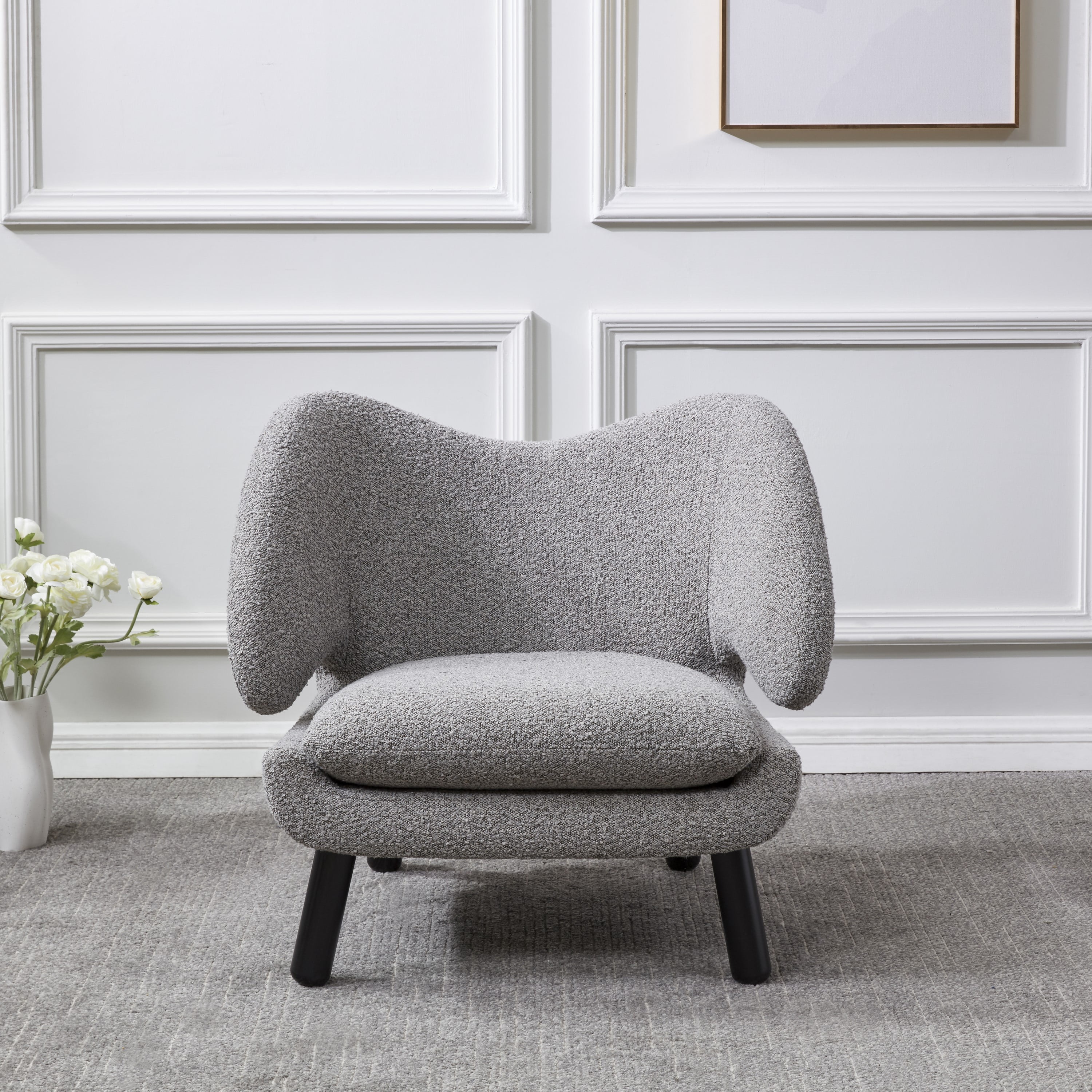 Felicia Light Grey Boucle Barrel Accent Chair with Black Birchwood Legs
