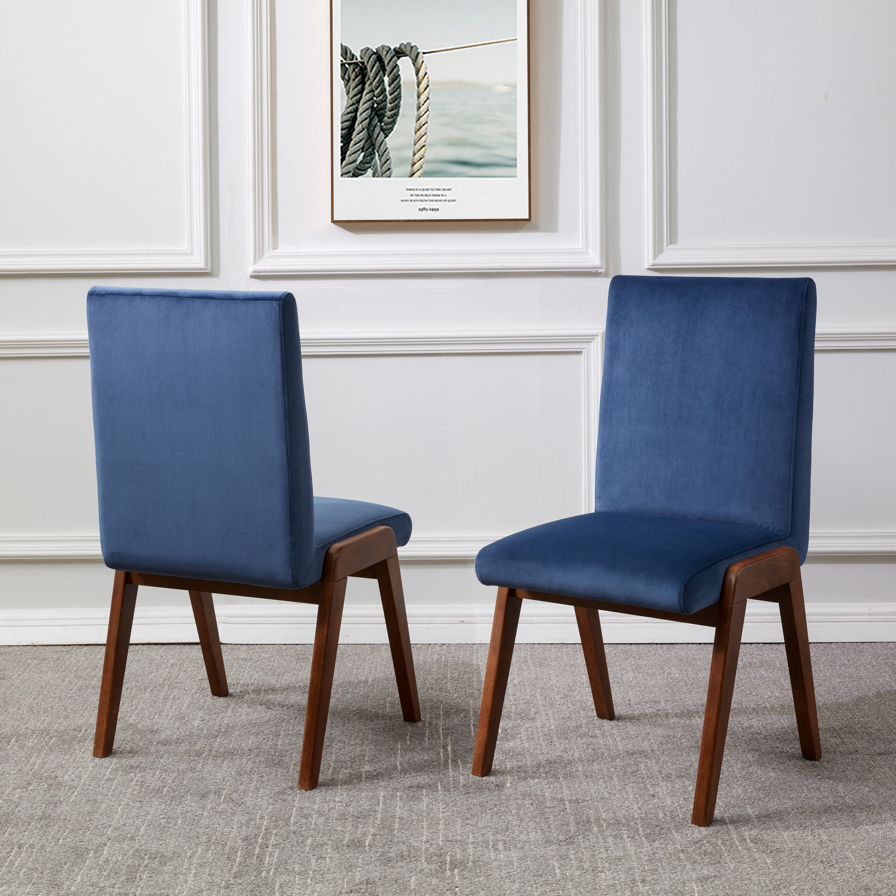 Luxurious Navy Velvet Upholstered Dining Chair with Dark Walnut Legs