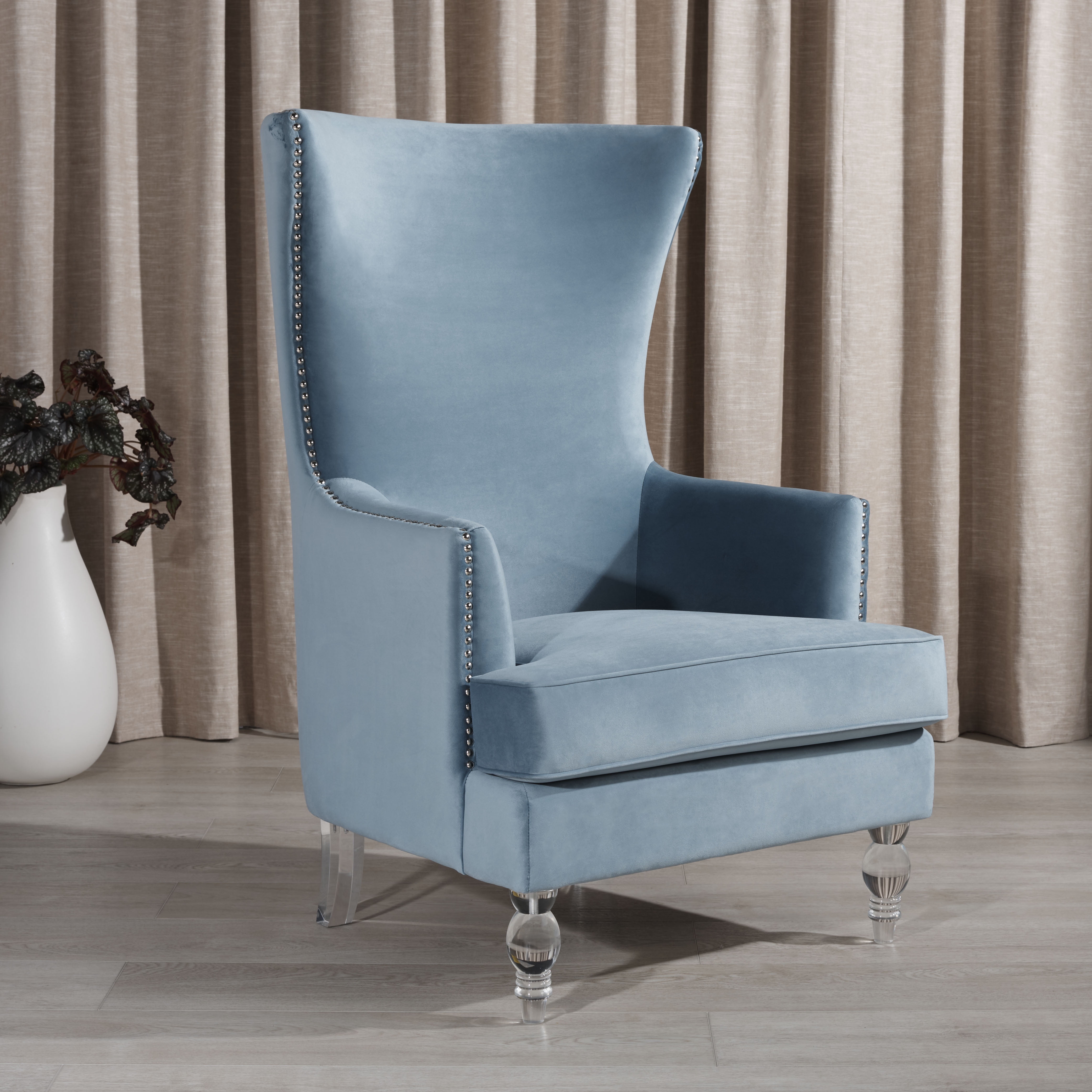 Light Blue Velvet Wingback Accent Chair with Acrylic Legs
