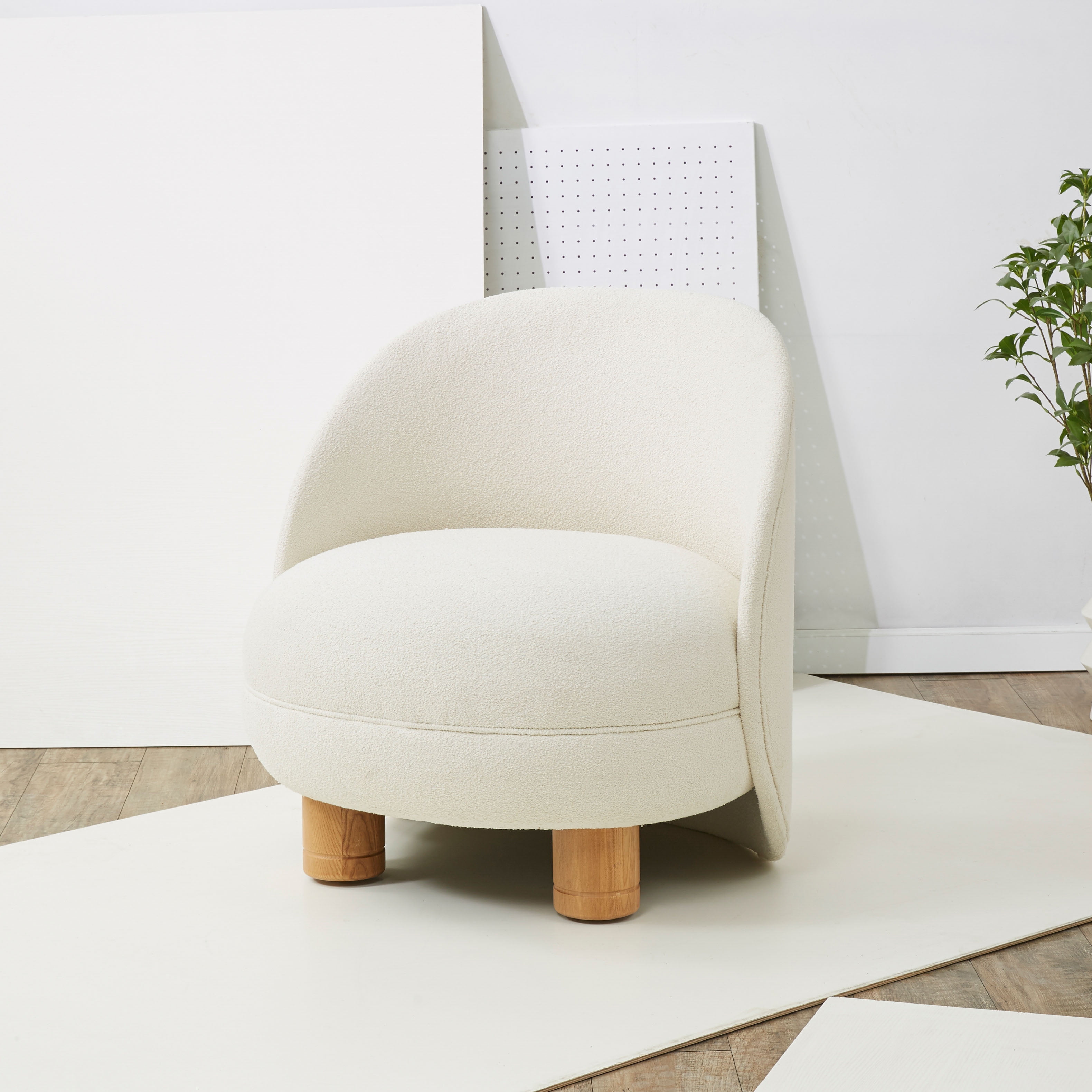 Ivory Boucle Barrel Accent Chair with Ash Wood Legs