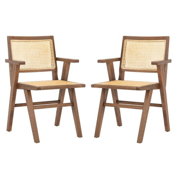 SAFAVIEH Couture Hattie Coastal Cane Solid Dining Armchair, Walnut/Natural (Set of 2)
