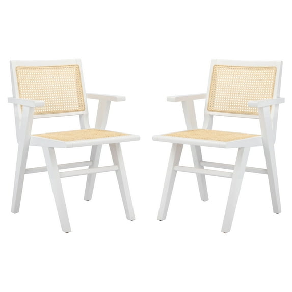 SAFAVIEH Couture Hattie Coastal Cane Solid Dining Armchair, White/Natural (Set of 2)