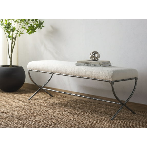 SAFAVIEH Couture Janeen Solid Boucle Modern Bench with Metal Frame, Ivory/Black